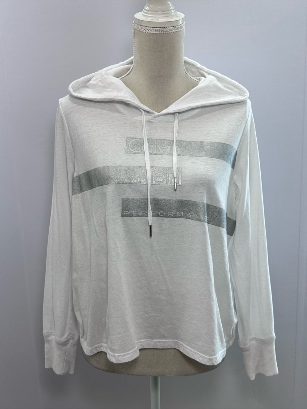 Calvin Klein White Hooded Long Sleeve Top with Silver Stripes